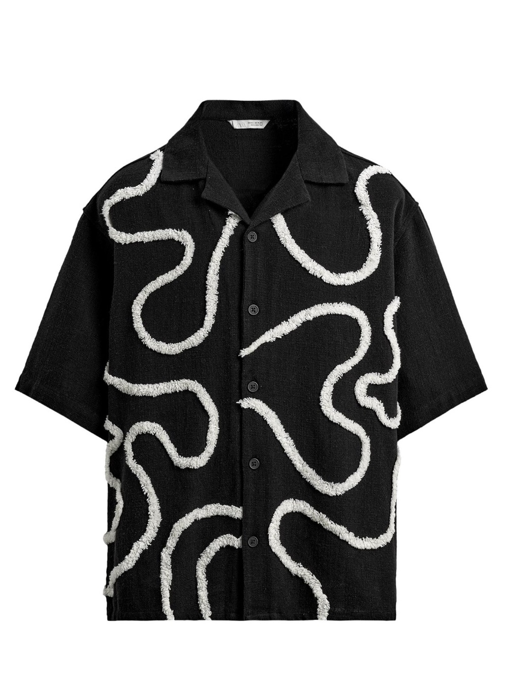 Zara Black Short-Sleeve Button-Down Shirt with White Curved Trim
